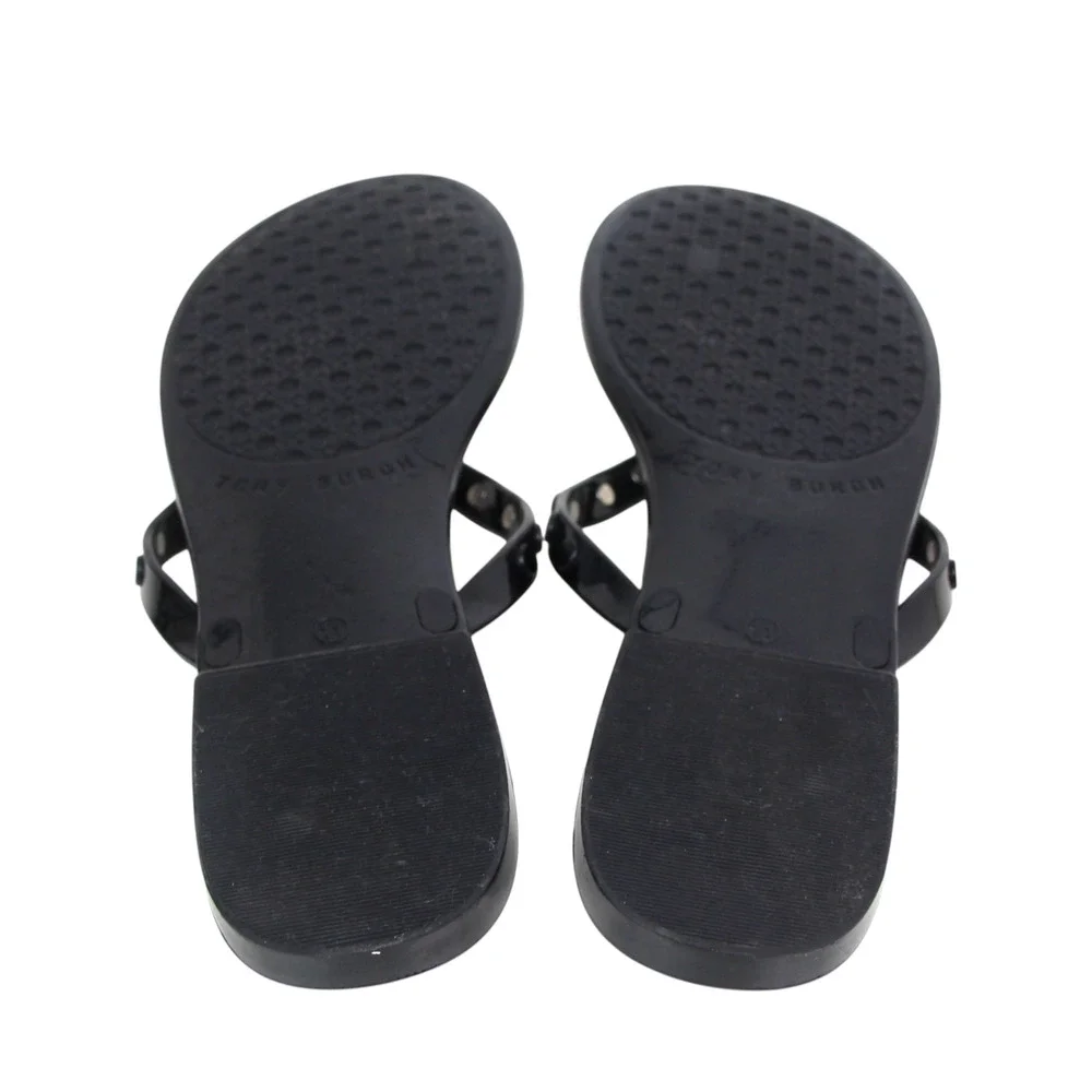 Tory Burch BLACK PVC FLAT BEACH SHOES FLIP FLOPS TONG SANDALS Sz 11